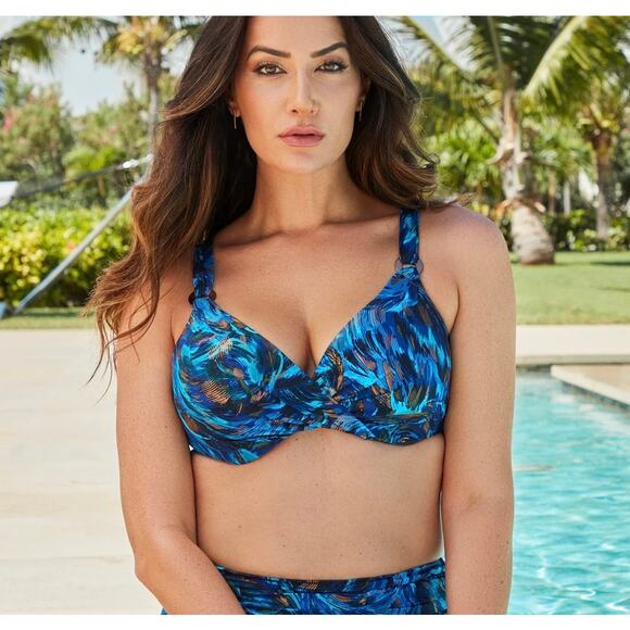 Miraclesuit Plunge Bra, Blue Multi, Nylon Spandex, Underwire Swim Top, 36DDD - Picture 1 of 16